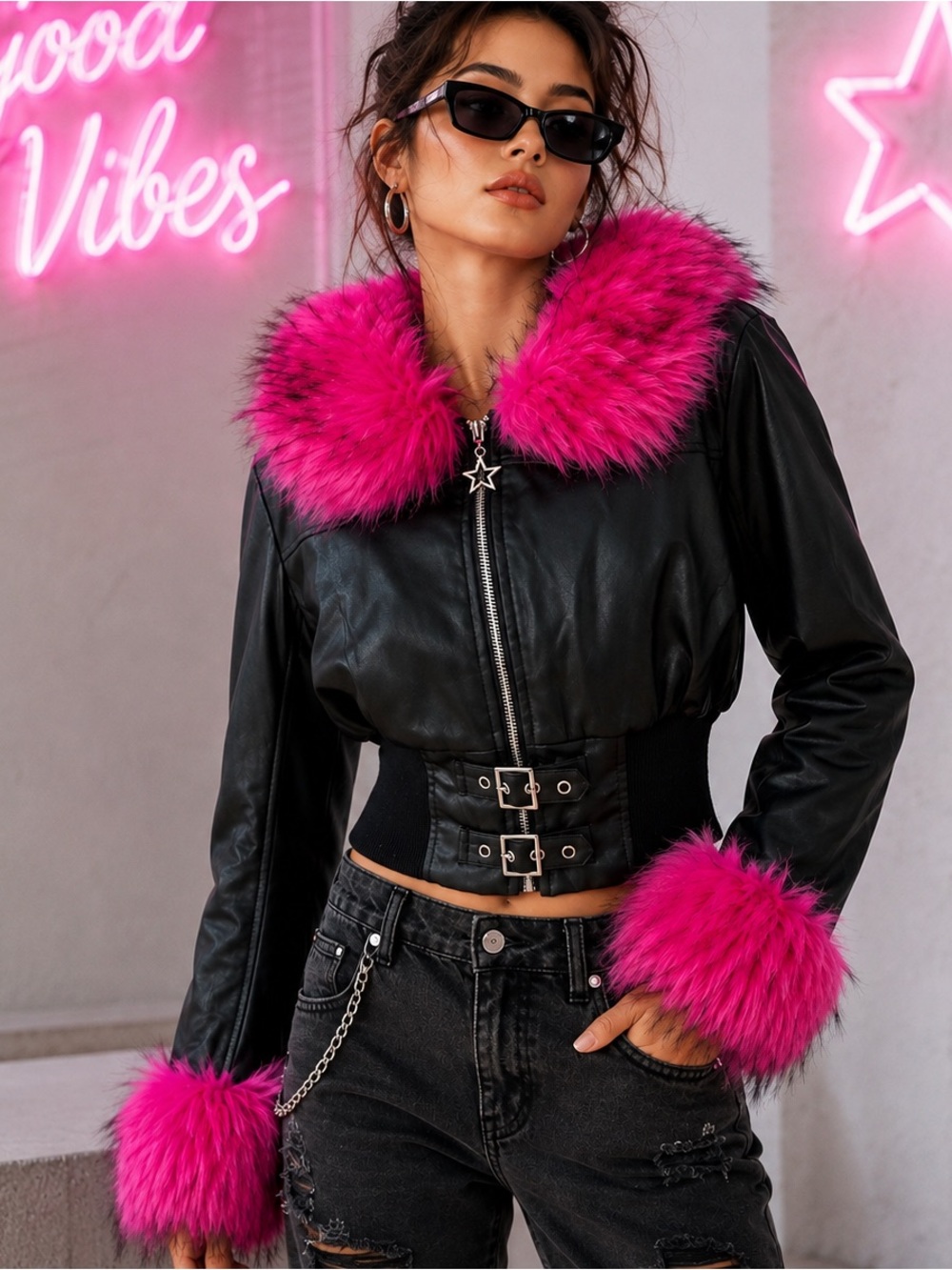 Current Mood “Miss Thing” Faux Leather Jacket Pink Faux Fur – Size Large